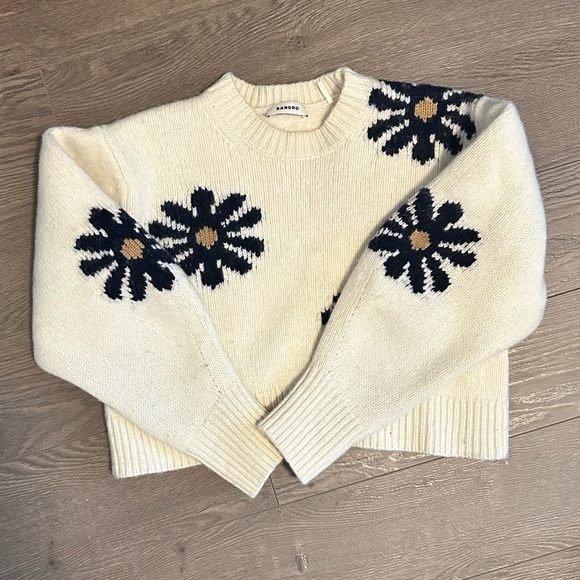 Sandro Cream and Navy Floral Intarsia Sweater - Picture 2 of 13